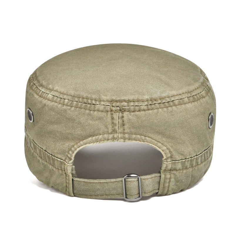 VOBOOM Washed Cotton Military Cadet Army Caps Unique Design Vintage Flat Top Hat (Khaki) - Image 5